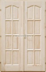 Beltéri kétszárnyas ajtó 8 kazettás íves, tömör, natúr fenyő 140 x 210